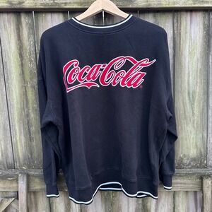 H&M Divided Coca-Cola Black Graphic Logo Sweatshirt Large Striped Trim Sz Large